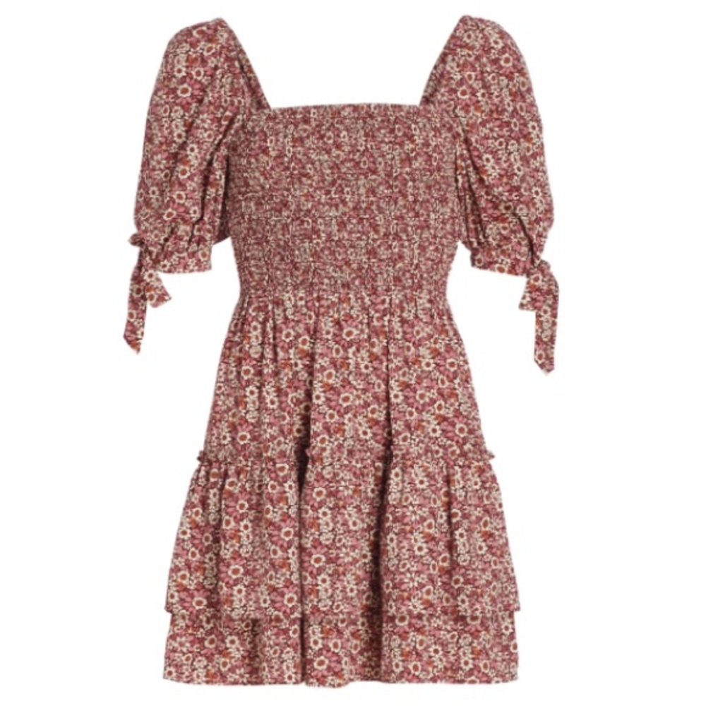 Wayf Smocked Ruffle Floral Mini Dress with Tie Sleeves Size XL